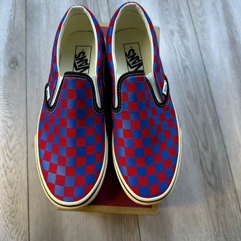 Vans Classic Slip-On Shoes Mens Size 8 Red Blue Canvas Checkerboard Skater NEW